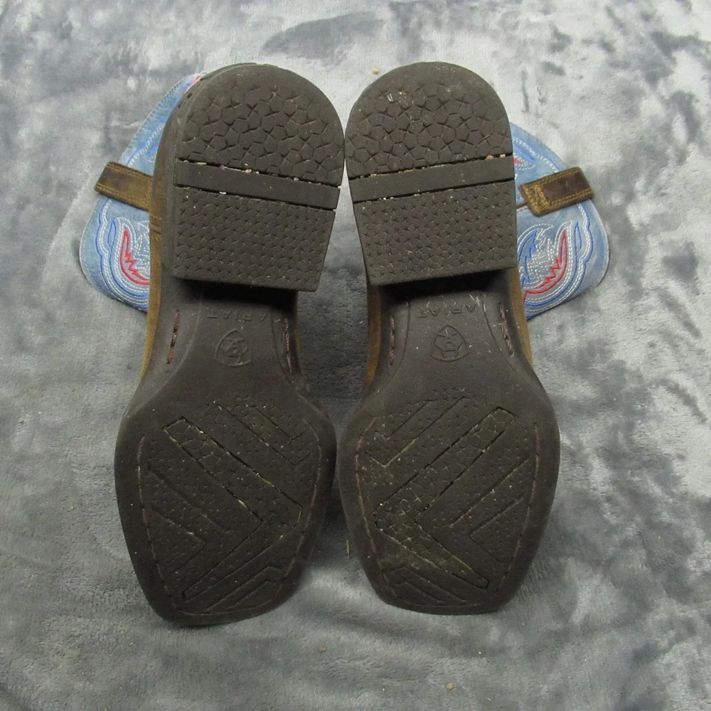 Ariat Kids Boots 2.5 Brown Blue Red Double Kicker‎ Stitching Western Square Toe